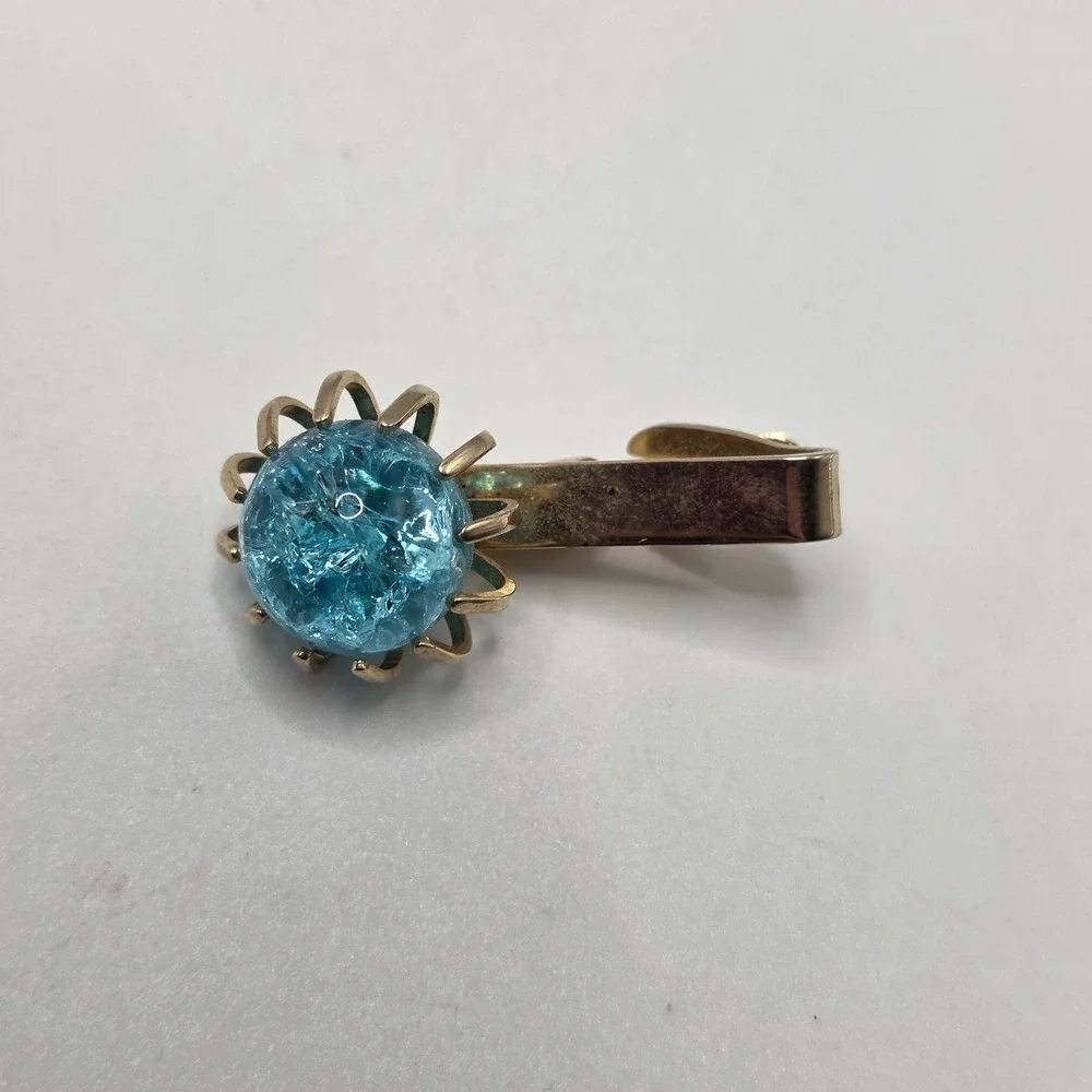 Tie Clip Men Blue Crackle Glass Orb Gold Tone Mid Century Retro‎ MCM Bar